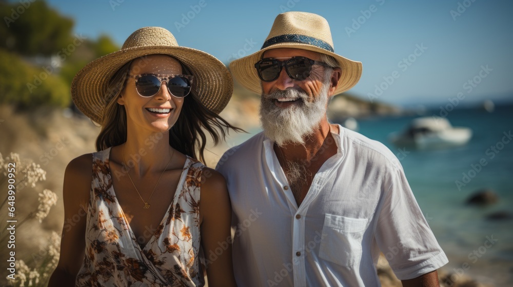 an adult couple enjoying a walk by the sea