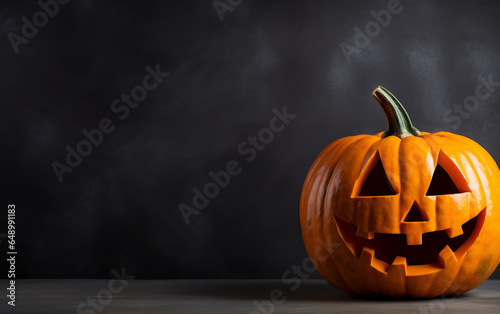 Halloween pumpkin head with carved face on dark background