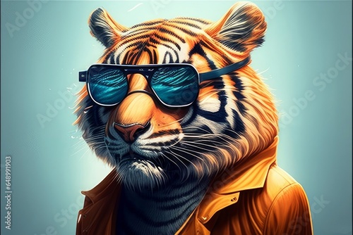 Portrait of a tiger wearing sunglasses. Fashion illustration of a tiger.