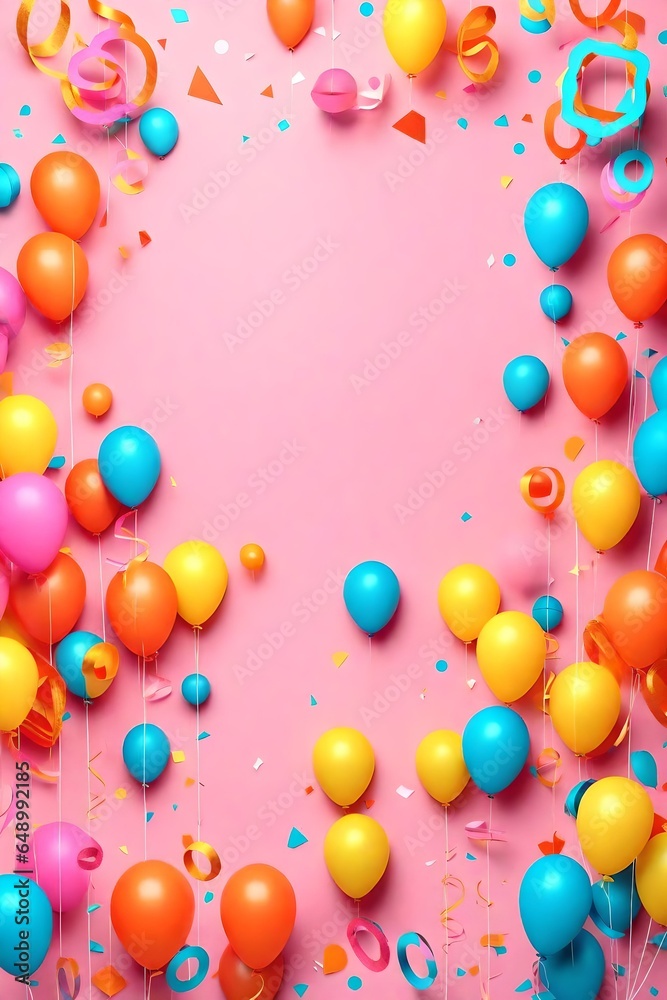 Birthday balloons and happy birthday cake with colorful candles