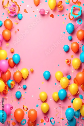 Birthday balloons and happy birthday cake with colorful candles