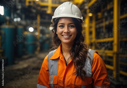 Women miner worker smile wearing helmet in ocean oil mine