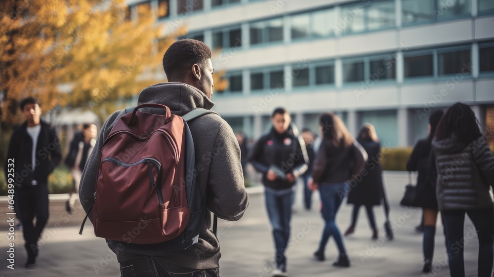 Immigrant African American refugee man with a backpack on his back stands with his back. Looks at the university building. A young student came to study in a European city. Adaptation of refugees