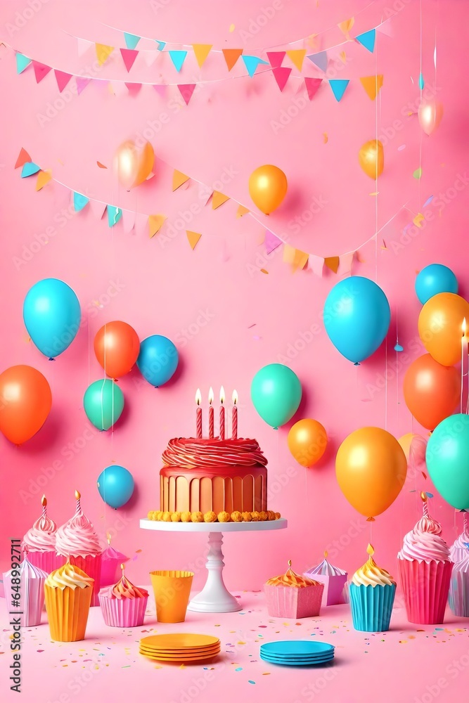 Birthday balloons and happy birthday cake with colorful candles