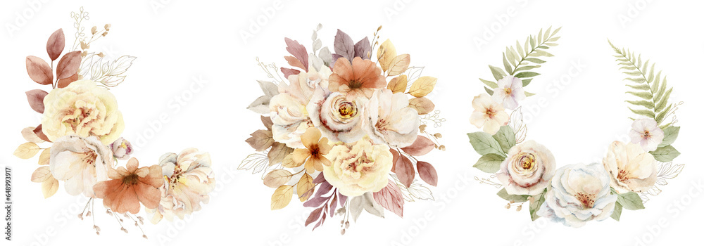 Watercolor set of flower wreaths with neutral flowers and leaves.  Arrangement for greeting cards, stationery, wedding invitations and decorations. Hand painted  illustration.