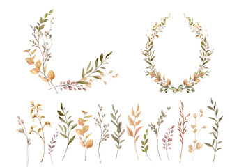 Watercolor set of wreaths with autumn twigs.  Arrangement for greeting cards, stationery, wedding invitations and decorations. Hand painted  illustration.