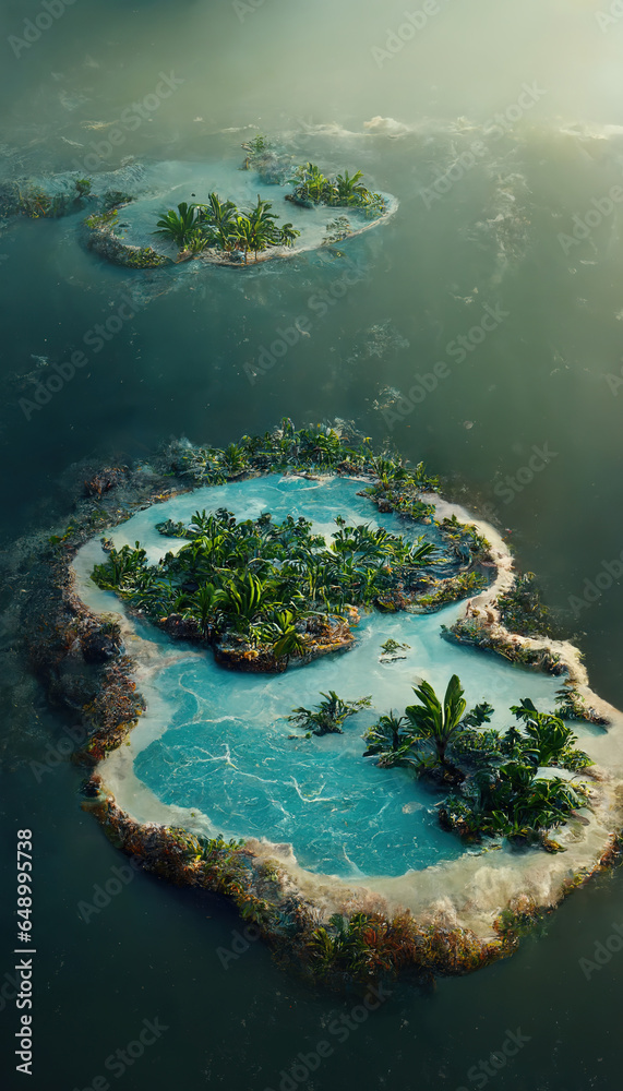 Aerial view of small exotic atoll islands in the open ocean sea. Beautiful nature landscape.