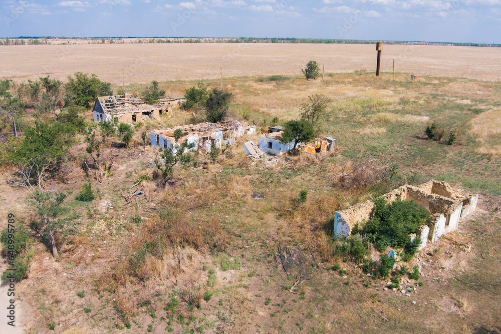 An aerial view of a destroyed village in the countryside after a battle. War in Ukraine An aerial view of a destroyed village in the countryside after a battle. War in Ukraine
