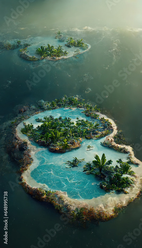 Aerial view of small exotic atoll islands in the open ocean sea. Beautiful nature landscape.