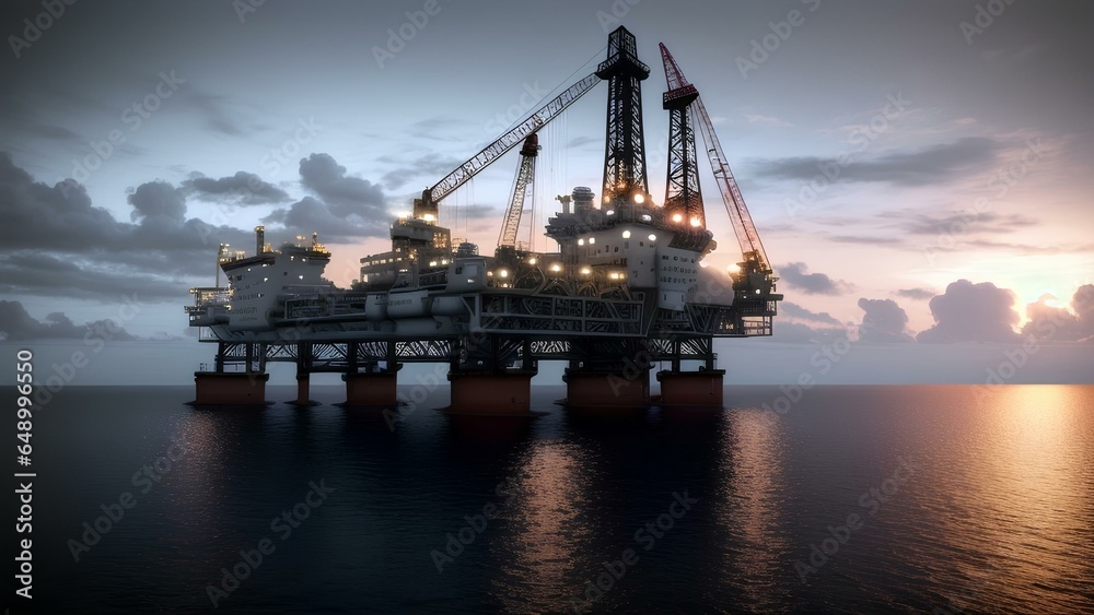 Offshore oil and gas platforms, sunrise background