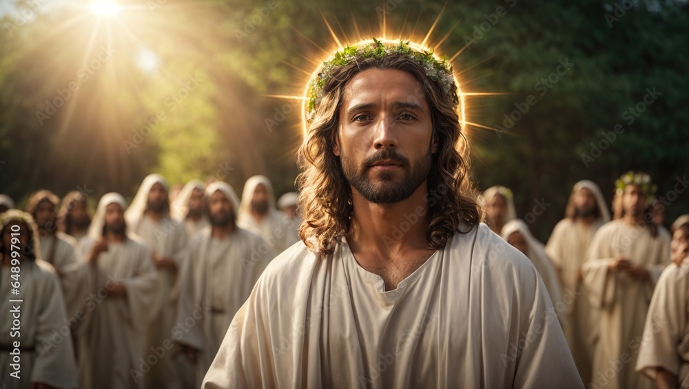 Naklejka premium Jesus Christ With Followers and Glowing Halo