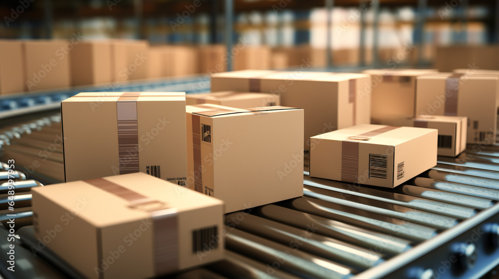 Delivery of packages, packaging services, and the concept of a parcel transportation system with cardboard boxes on a conveyor belt Delivery of packages, packaging services, and the concept of a parcel transportation system with cardboard boxes on a conveyor belt