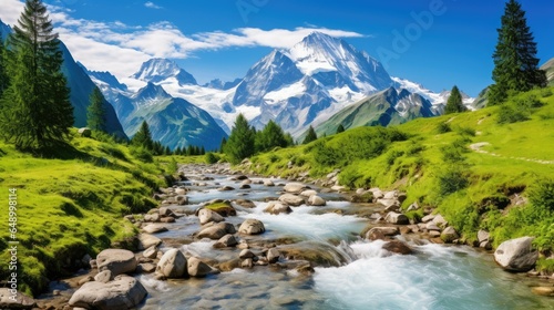 Scenic Swiss Alps with snow-capped peaks, lush greenery, winding river, and alpine meadows. Majestic view for outdoor exploration, hiking, and mountain climbing. Tranquil, stunning, and pristine natu
