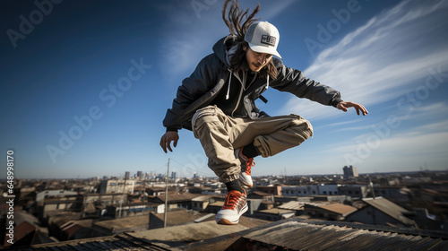 Rooftop adventure, parkour athlete's daring urban leaps.
 photo