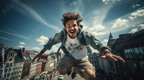 Urban acrobatics, parkour athlete leaps between skyscrapers.
 photo