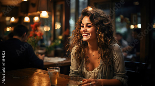 woman laughing in a cafe