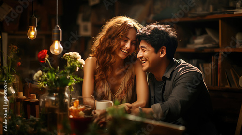 Friends chatting in cozy cafe  warm ambiance. 