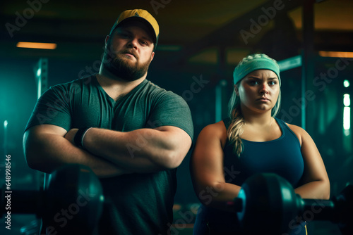 Generative AI image of serious obese couple in sportswear looking at camera while standing with hands crossed in dark gym with equipment in daylight photo