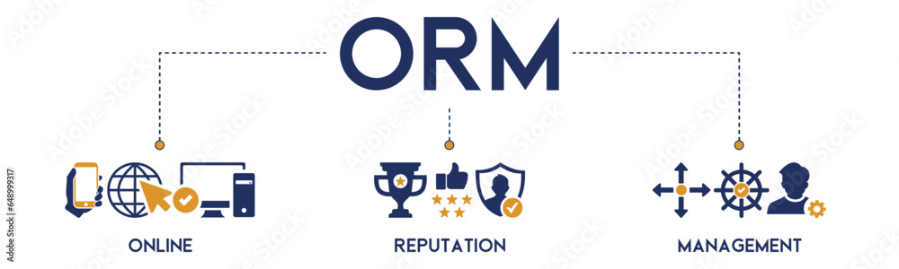 ORM banner website icon vector illustration concept for online reputation management with icon of internet, browser, winner, trust, favorite, and business on white background