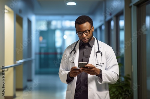 Happy African American male doctor text messaging on smart phone