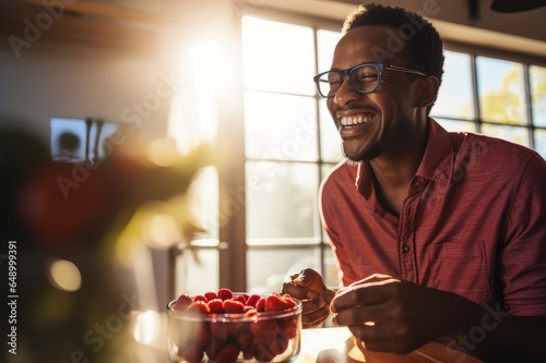 attractive black man smiling at breakfast time, healthy living concept