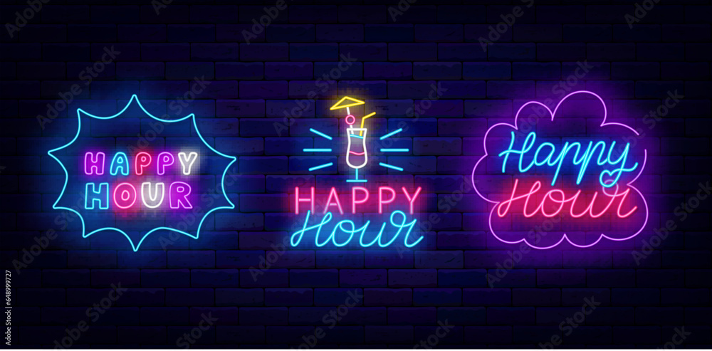 Happy hour signs collection. Speech bubble and explosion frames. Special offer and discount. Vector stock illustration