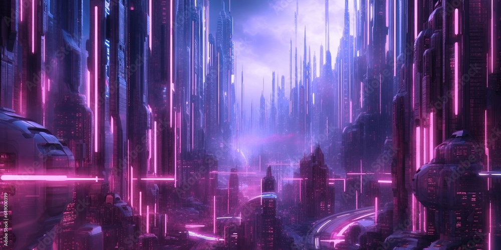 Obraz premium Futuristic city with future digital technology, neon purple banner