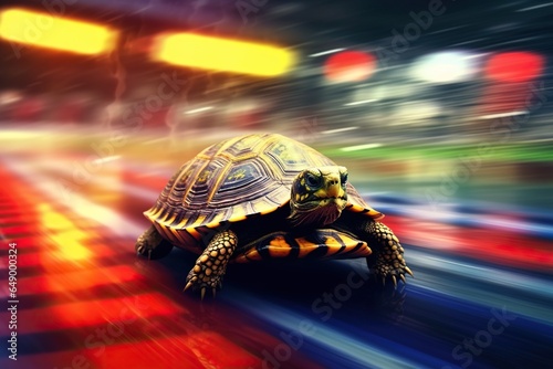 Fast turtle racing on track, illustration of determined tortoise in blurred motion showing speed challenge