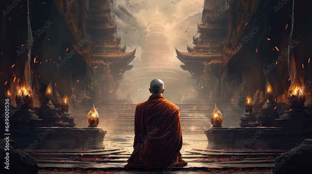 Back view of buddhist monk in orange robe, asian master meditating sitting in lotus pose in fron of ancient temple or monastery - obrazy, fototapety, plakaty 