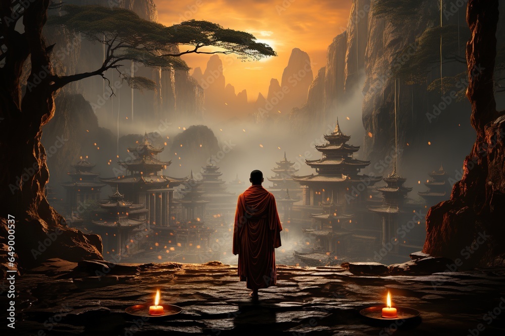 Fototapeta premium Back view of buddhist monk in orange robe, asian master in fron of ancient temple or monastery