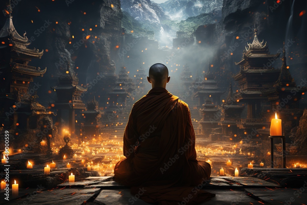 Back view of buddhist monk in orange robe, asian master meditating sitting in lotus pose in fron of ancient temple or monastery - obrazy, fototapety, plakaty 