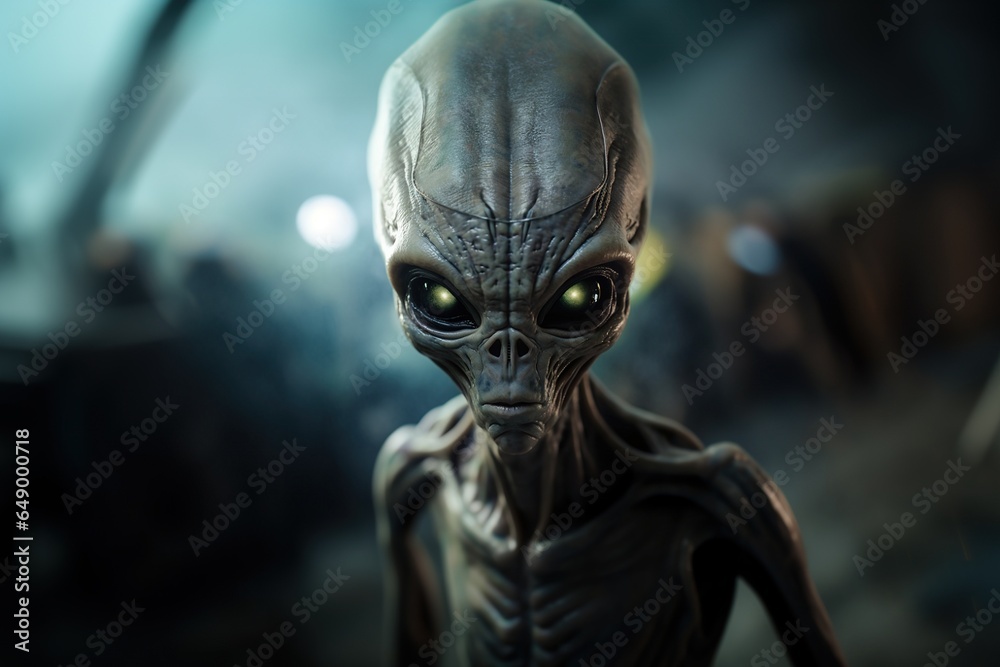 Portrait of an alien with large eyes, extraterrestrial humanoid character illustration, spooky invader from outer space
