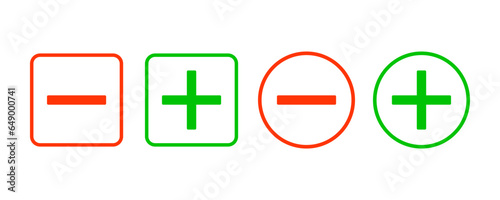 Minus and plus icon. Red minus and green plus sign set in vector. Minus and plus in square and circle outline.
