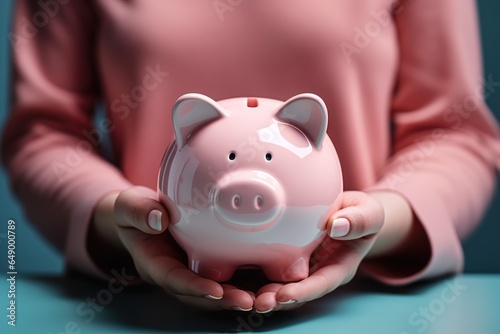 Woman holding pink piggy bank, concept of saving money, financial planning, home budgeting, deposit for future benefits and wealth