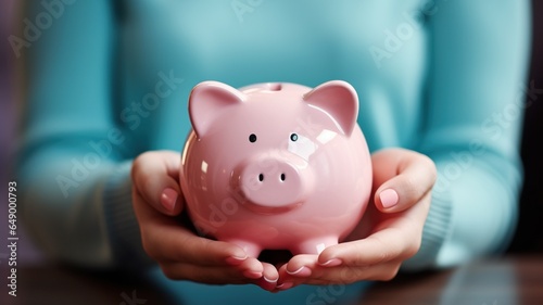 Woman holding pink piggy bank, concept of saving money, financial planning, home budgeting, deposit for future benefits and wealth photo