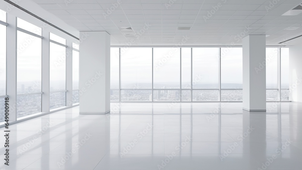 Fototapeta premium Empty modern room with white walls and big windows, minimalist interior design in luxury apartment, clean and contemporary space