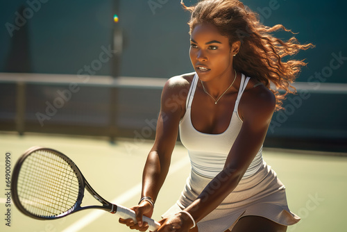 African American Female tennis player playing tennis on sunny outdoor tennis court close-up