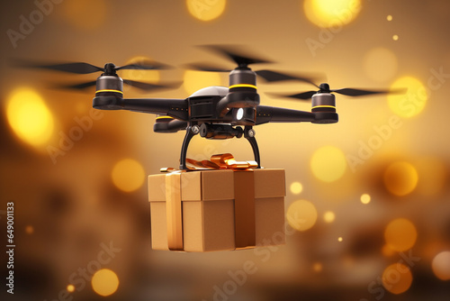 Drone flying over warehouse with out of focus boxes in the background.
