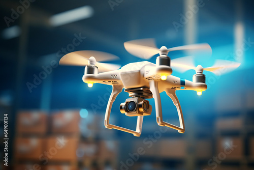Drone flying over warehouse with out of focus boxes in the background.