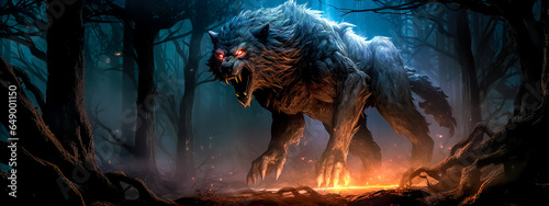 Obraz na plátně a werewolf in a dark mysterious forest, banner
