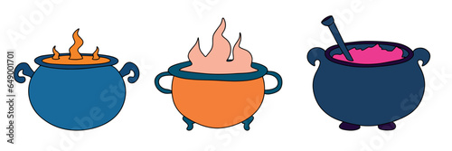 Set of Halloween cauldrons colored outline. Hand drawn witch cauldron. Vector illustraiton.