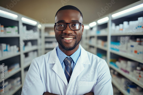 Portrait of african doctor with glasses or pharmacy worker standing between shelves with medicines. Health and medicine concept.generative ai 