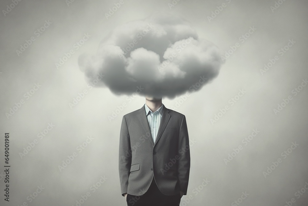 Man with cloud over his head depicting solitude and depression, abstract concept of loneliness and anxiety, isolated on gray background - obrazy, fototapety, plakaty 