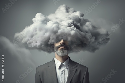 Man with cloud over his head depicting solitude and depression, abstract concept of loneliness and anxiety, isolated on gray background