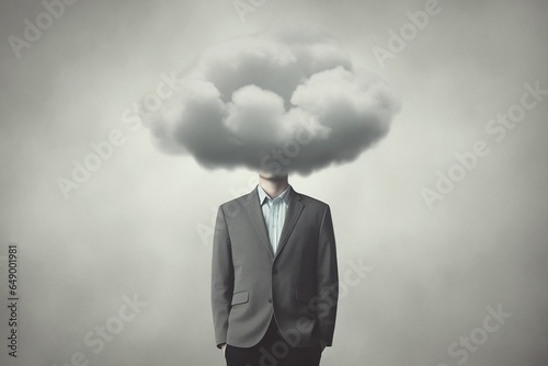 Man with cloud over his head depicting solitude and depression, abstract concept of loneliness and anxiety, isolated on gray background photo