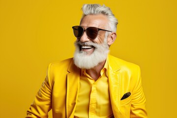 Happy bearded senior man in colorful yellow outfit, cool sunglasses, laughing and having fun in fashion studio