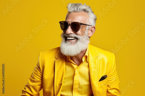 Happy bearded senior man in colorful yellow outfit, cool sunglasses, laughing and having fun in fashion studio