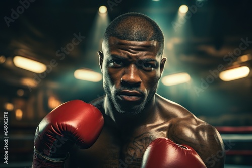 Portrait of black boxer, muscular man in ring with gloves, professional fighter prepares for boxing match under arena lights © iridescentstreet