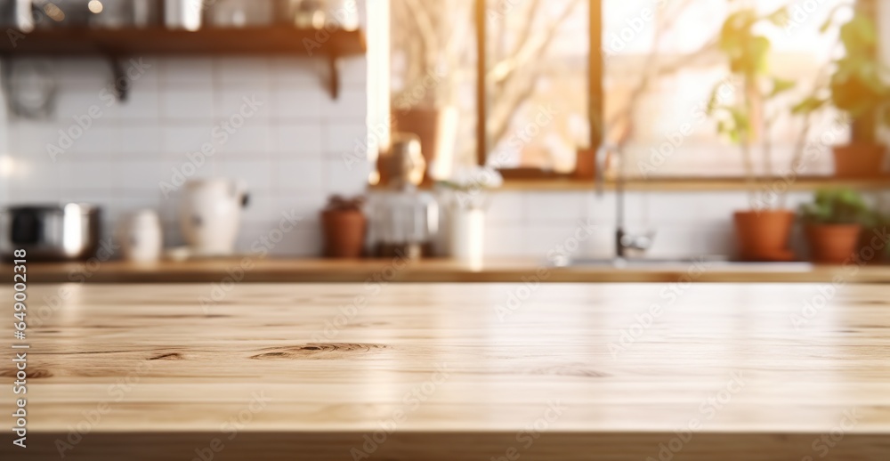 Modern kitchen with blurred background, bright wooden countertop, empty space for product display Modern kitchen with blurred background, bright wooden countertop, empty space for product display