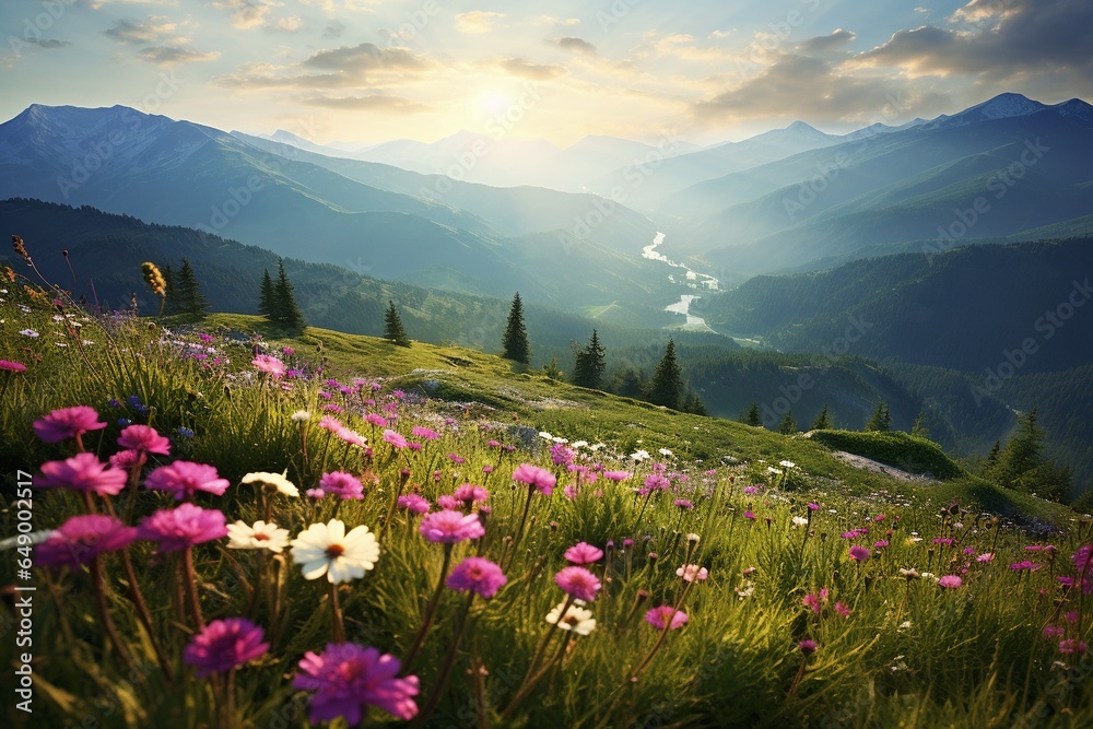 Sunlit Alpine Splendor: Meadow, Pines, and Mountains